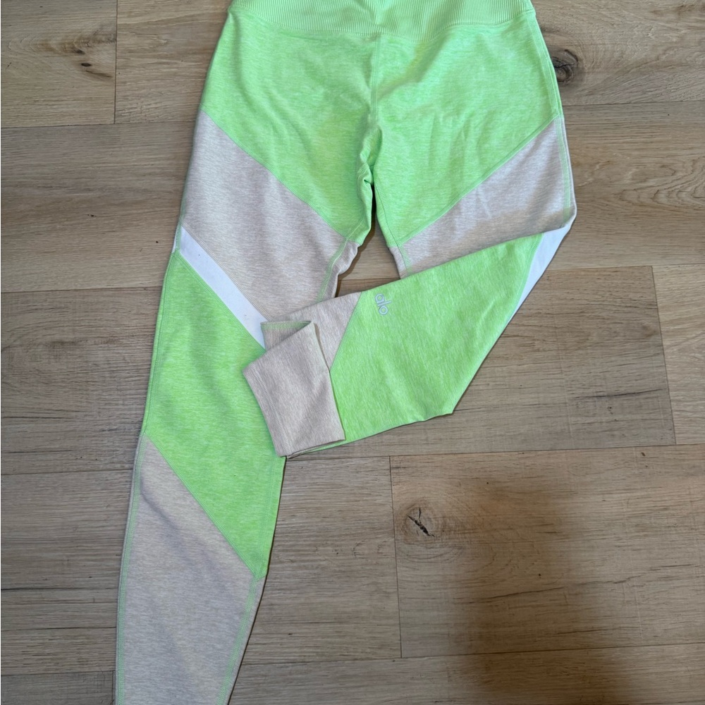 ALO Yoga Neon Lime Leggings with Asymmetrical Design
